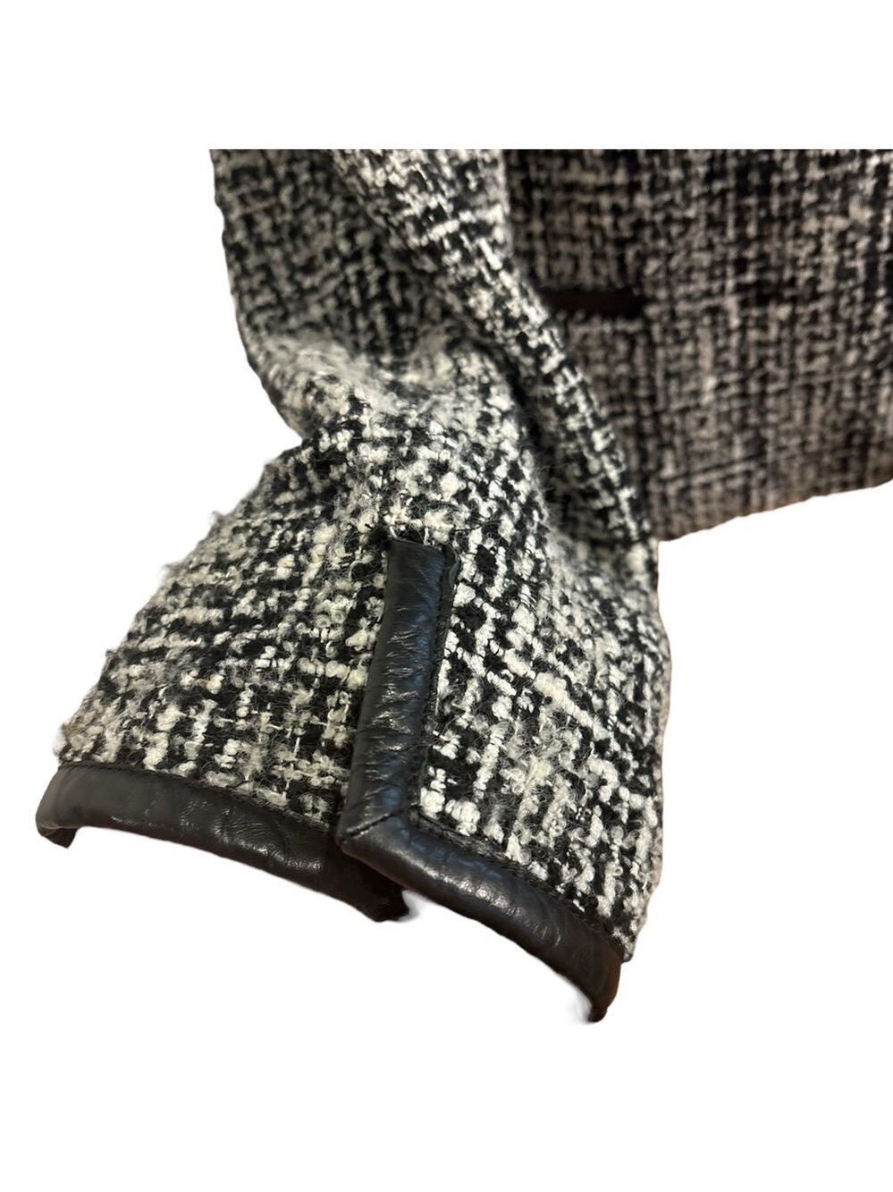90s JONES NY BLACK & WHITE SALT & PEPPER TWEED JACKET BLACK LEATHER EDGES SZ 14 - Picture 6 of 8